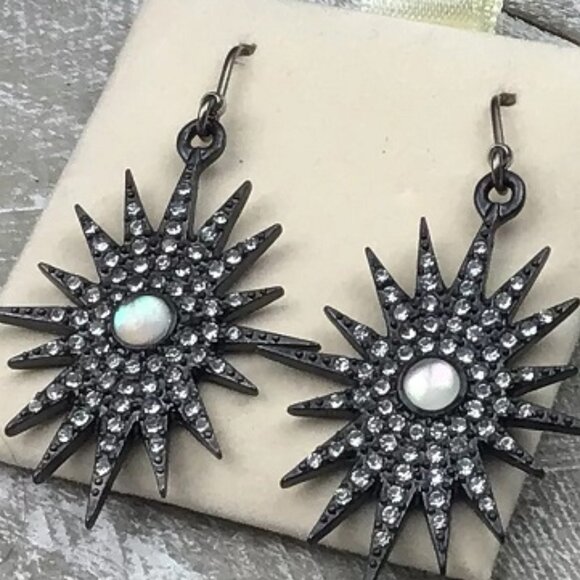 LUCKY BRAND Retro Celestial Starburst Gunmetal Clear Crystal/Moonstone Earrings - Picture 2 of 3